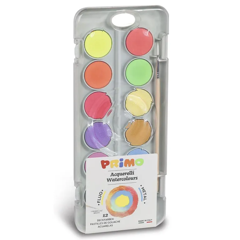 Acuarela escolar 12 colores flúor y metalizados