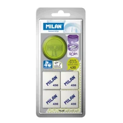 Afilalápiz con depósito y 4 gomas de borrar Milan