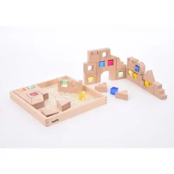 Bloques construcción madera y cubos colores translúcidos con bandeja de madera. 39 piezas