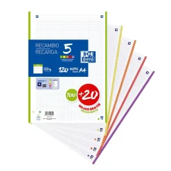 Recambio A4 cuadro 4mm. 5 colores vivos 4 taladros Oxford